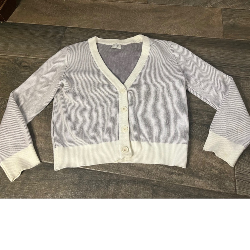 Common Threads Womens Purple White Striped Ribbed V-Neck Cardigan Sweater Small